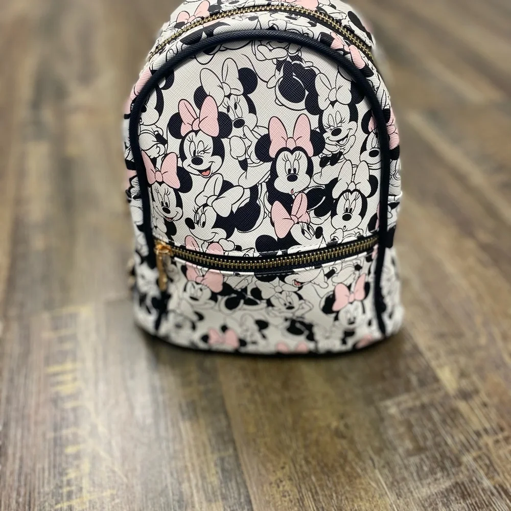 Disney Pink White and‎ Black Minnie Mouse Mini Backpack With Keychain NWOT